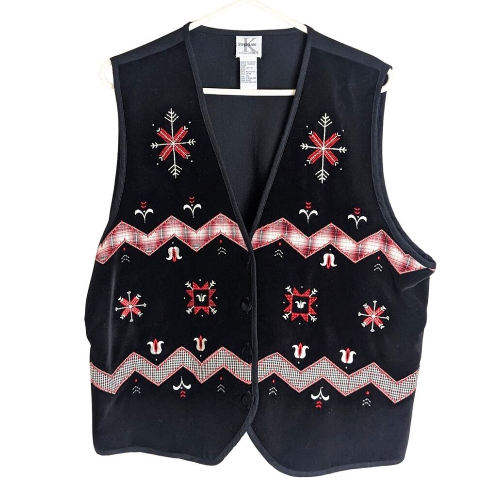 Vintage Velvet Embroidered Patchwork Holiday Vest Women's Size Extra Large